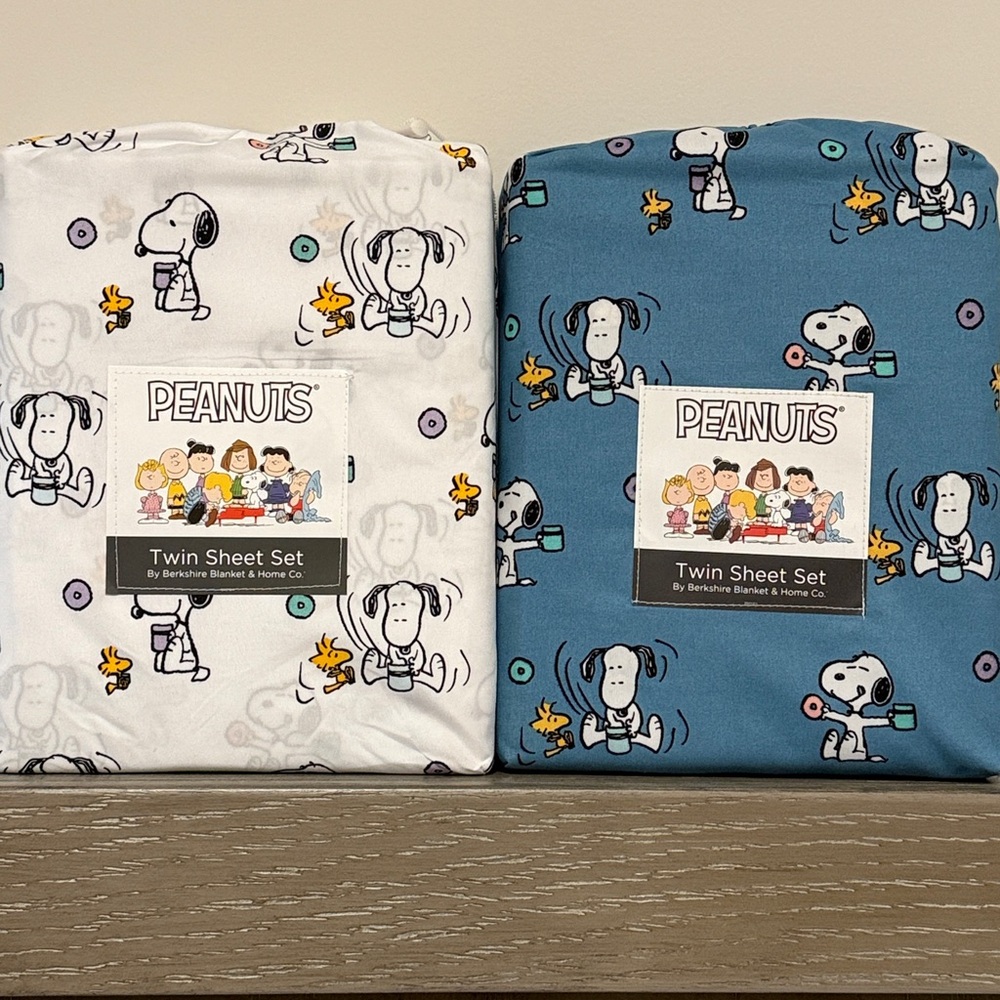NEW Snoopy Peanuts Morning Coffee Sheet Set by Berkshire blue or white